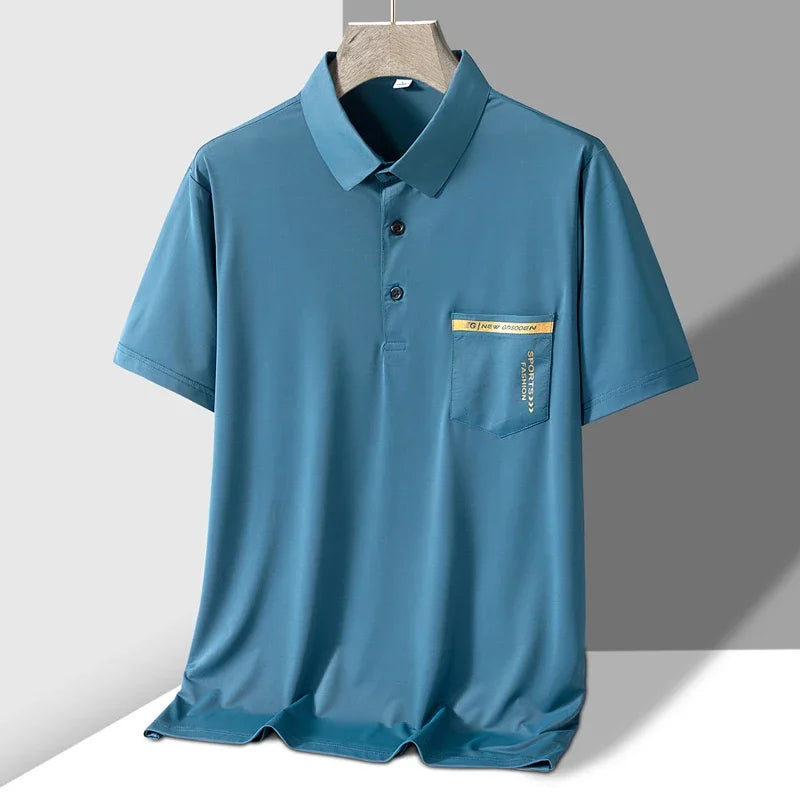 TFETTERS Brand New Summer 2025 Mens Polo Shirt Elasticity Short Sleeve Front Pocket Design Sport Golf Polo T Shirt Man