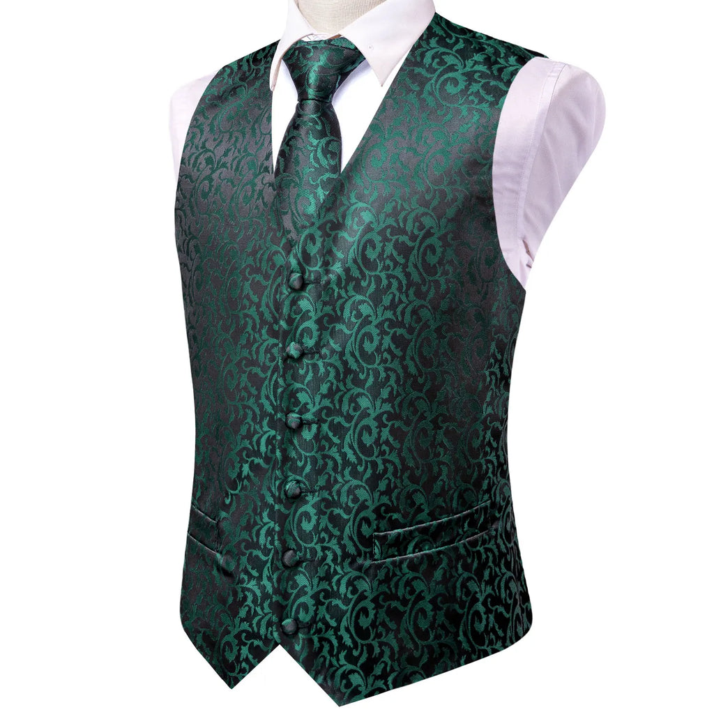 Hi-Tie Men's Silk Vests Fashion Dark Green Floral Jacquard Handkerchief Cufflinks Necktie Sleeveless Wistcoat Sets Wedding Party