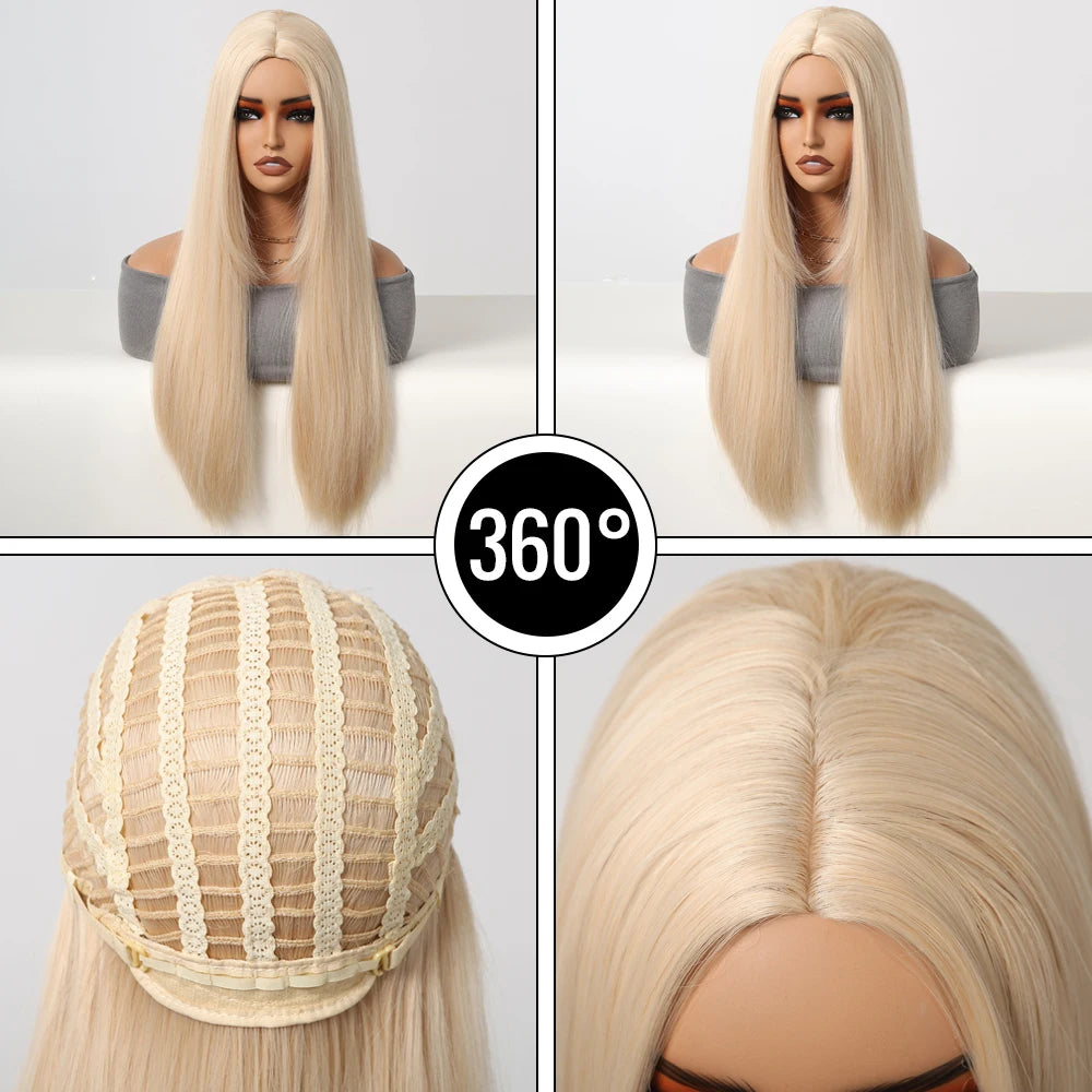 Light Blonde Golden Hair Long Silky Straight Synthetic Wig for Women Blonde Natural Hairs Wig Daily Lolita Heat Resistant Wigs