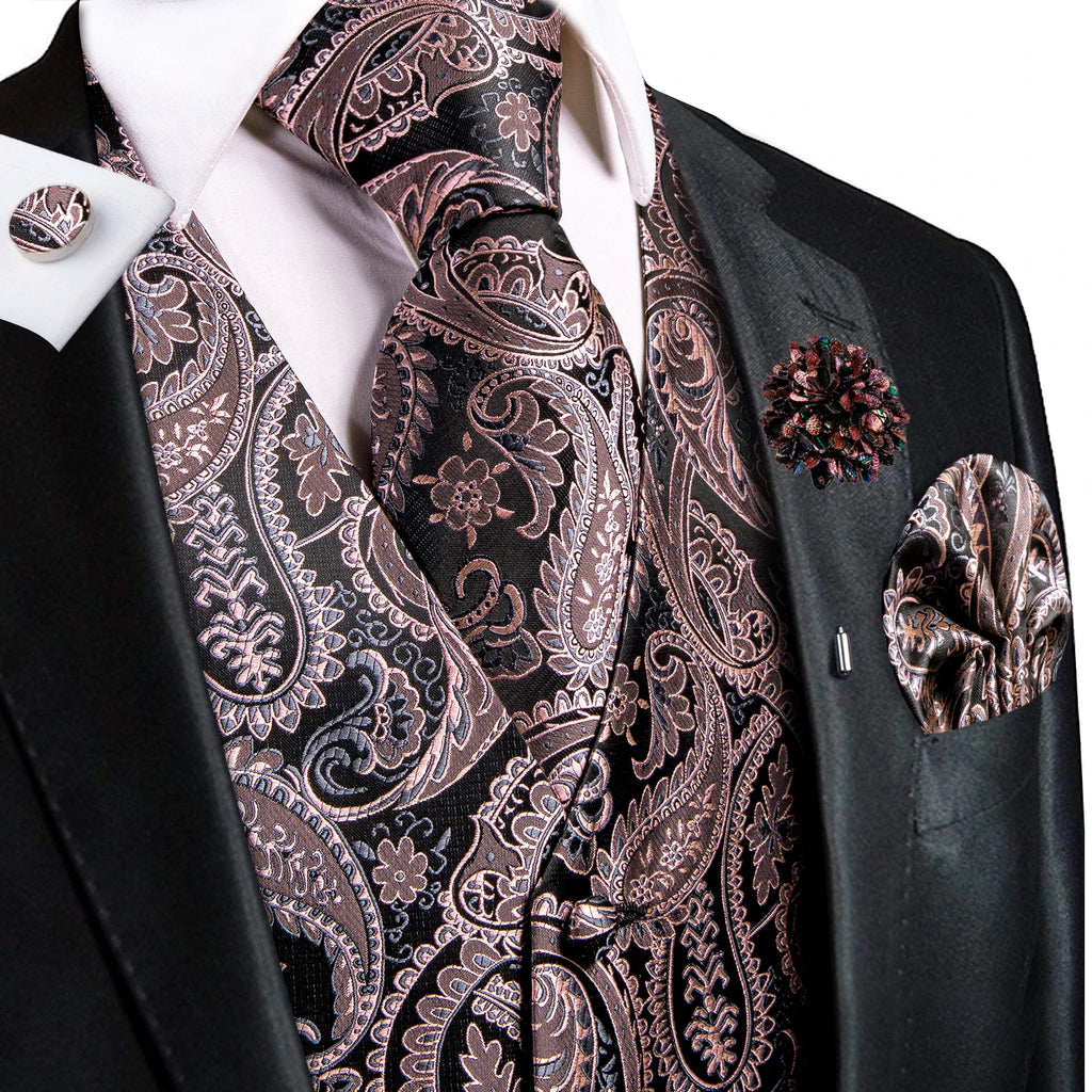 Hi-Tie High Quality Silk Mens Vests Champagne Paisley Waistcoat Neck Tie Hanky Cufflinks Brooch Set for Men Suit Wedding Office