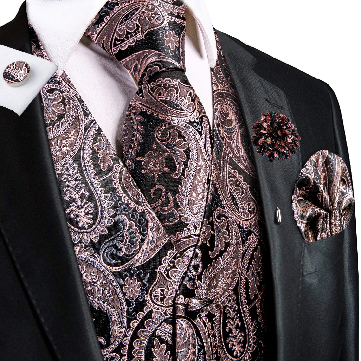 Hi-Tie High Quality Silk Mens Vests Champagne Paisley Waistcoat Neck Tie Hanky Cufflinks Brooch Set for Men Suit Wedding Office
