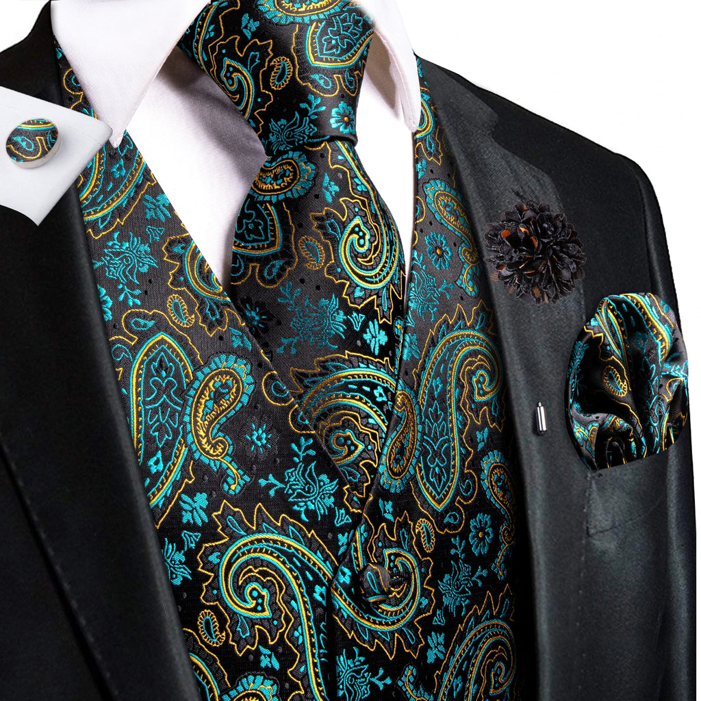 Hi-Tie High Quality Silk Mens Vests Champagne Paisley Waistcoat Neck Tie Hanky Cufflinks Brooch Set for Men Suit Wedding Office