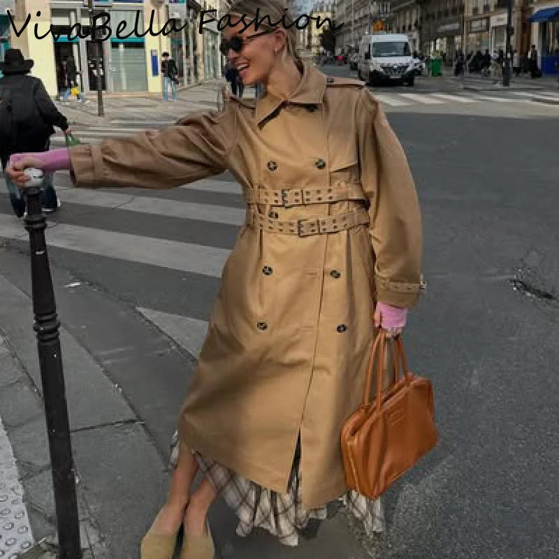 Women's Long Trench Coat Double Breasted Hooded Punk Crop Jackets With Belt Waist-Cinched Windbreakers 2025 Autumn Lady Outwears