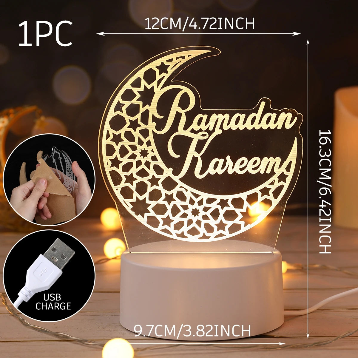 Eid Mubarak 3D LED Lamp Ramadan Night Light 2025