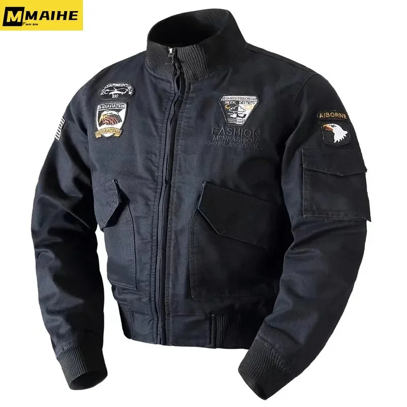 Retro Bomber Jacket Embroidery Airplane Pilot