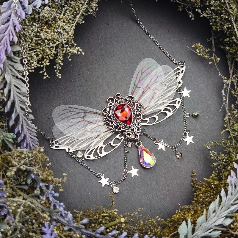 Witch Fairycore Butterfly Crystal Tassels Pendant Necklace Woodland Fairies Forest Pixie Goddess Necklace for women