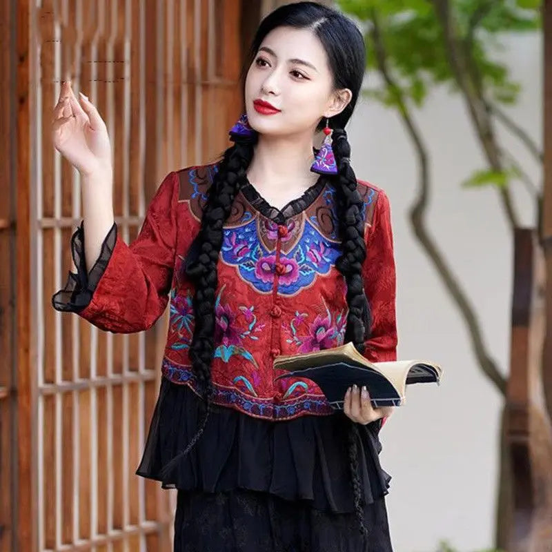 2025 embroidery chinese style summer tang suit top retro ethnic style disc buckle women long sleeve elegant daily blouse s104