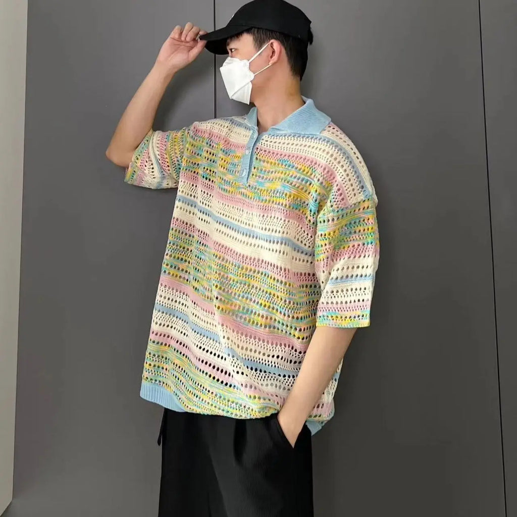 Vintage Colour Stripe Hollow Lapel Collar Short Sleeved T-shirt Knitting Men Summer Loose Comfortable Refreshing POLO Shirt