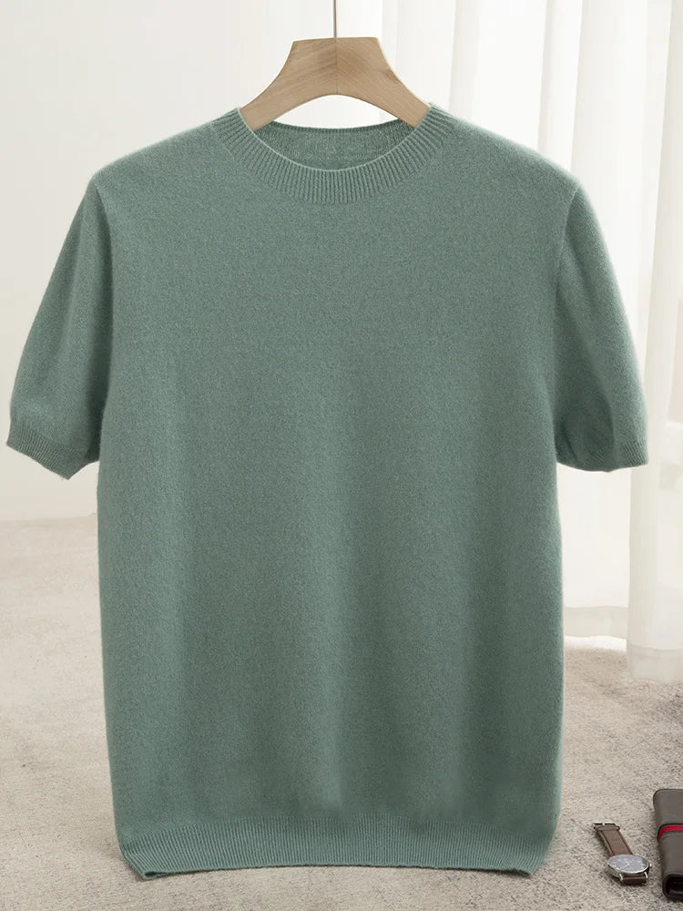 New Summer Autumn Men's 100% Merino Wool Pullover O-Neck Short Sleeve Jumper Cashmere Sweater Soft Casual Tops T Shirt