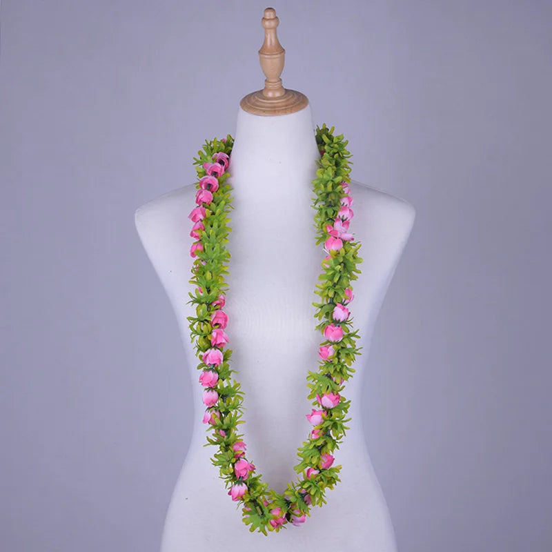 Popular Artificial Silk Rosebud Greenrose Lei Double Strand Braided Necklace Hawaiian Garland Polynesian Samoan Style Wreath