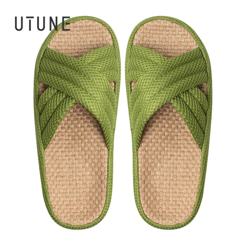 UTUNE Linen Women Slippers Outdoor Summer Mute Light Vacation Travel Comfortable Shoes Anti-slip Flat Thick Sole Home Slides