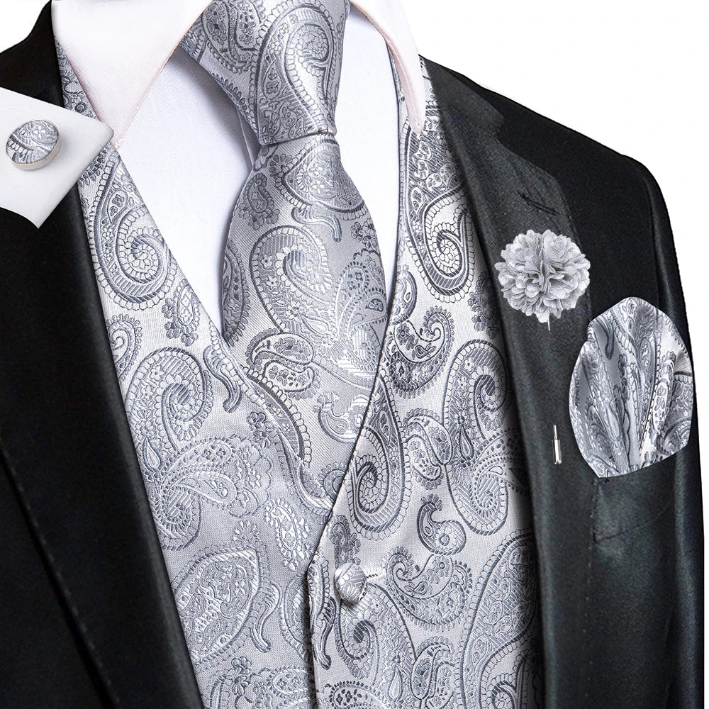 Luxury Gold Black Silk Mens Vests Print Jacquard Waistcoat Tie Hanky Cufflinks Brooch Set for Men Wedding Formal Business Hi-Tie