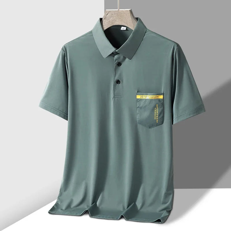 TFETTERS Brand New Summer 2025 Mens Polo Shirt Elasticity Short Sleeve Front Pocket Design Sport Golf Polo T Shirt Man