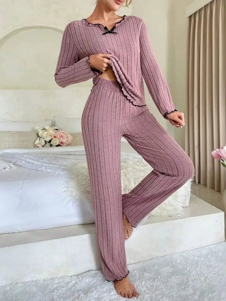 Flannel Warm Sleepwear Women Casual Pajamas Set Long Sleeve T-shirt Top and Trousers Set Homewear Autumn Winter Loungewear