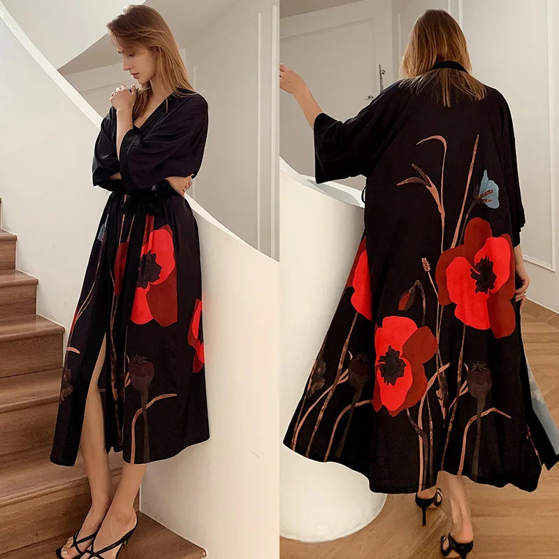 Print Flower Long Kimono Bathrobe Gown Sexy Women Half Sleeve Wedding Robe Nightgown Spring Summer Rayon Home Dress Sleepwear