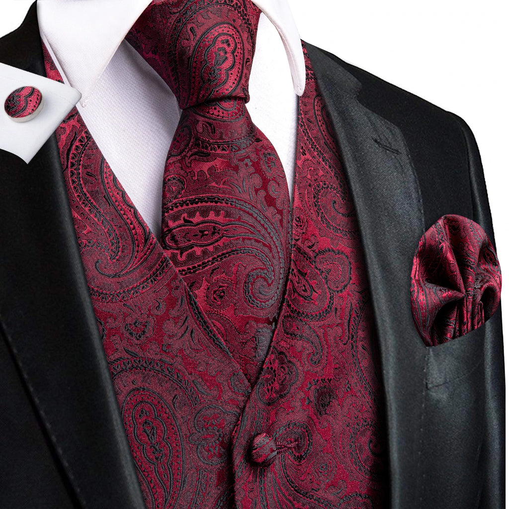 Hi-Tie Men's Silk Vests Fashion Dark Green Floral Jacquard Handkerchief Cufflinks Necktie Sleeveless Wistcoat Sets Wedding Party