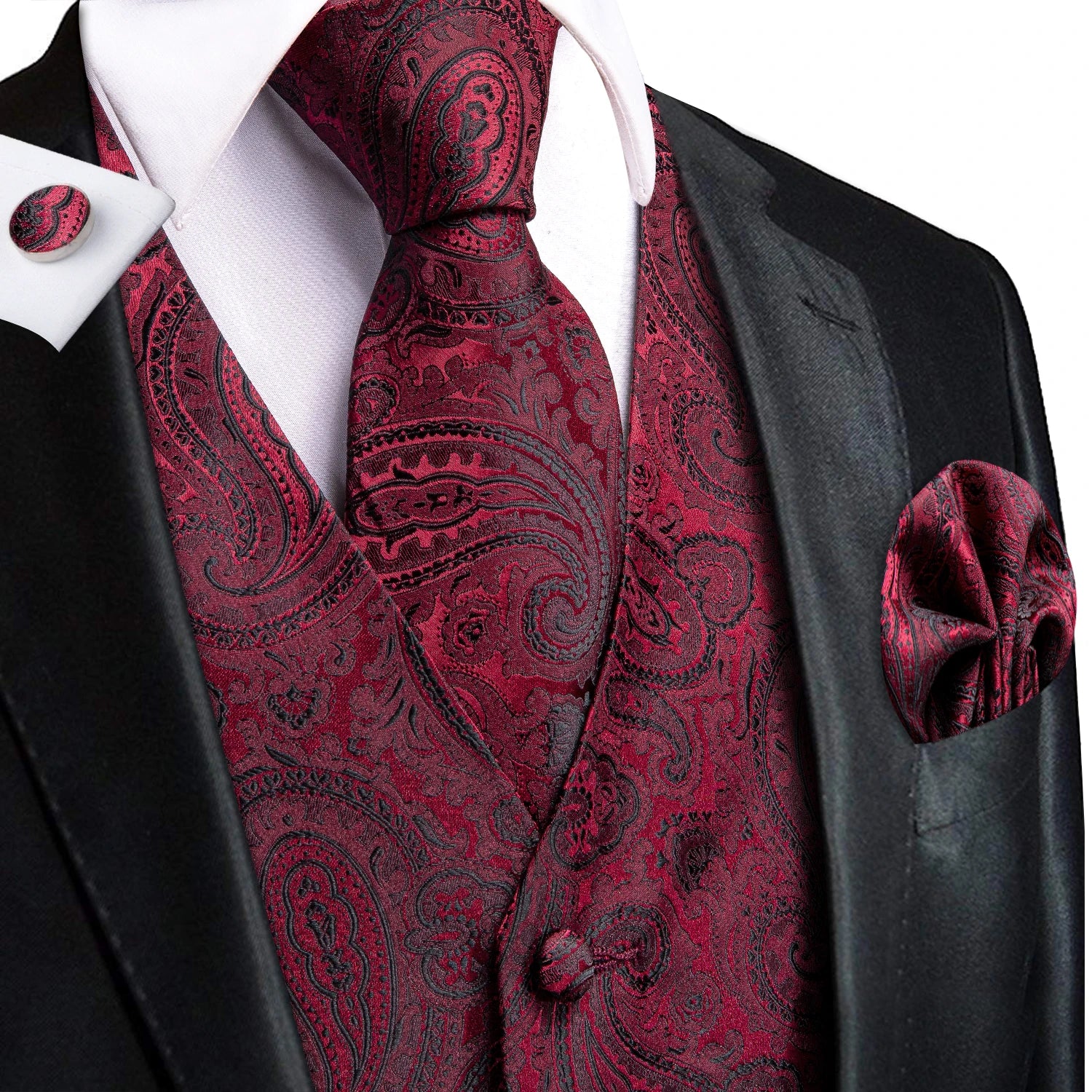 Hi-Tie Men's Silk Vests Fashion Dark Green Floral Jacquard Handkerchief Cufflinks Necktie Sleeveless Wistcoat Sets Wedding Party