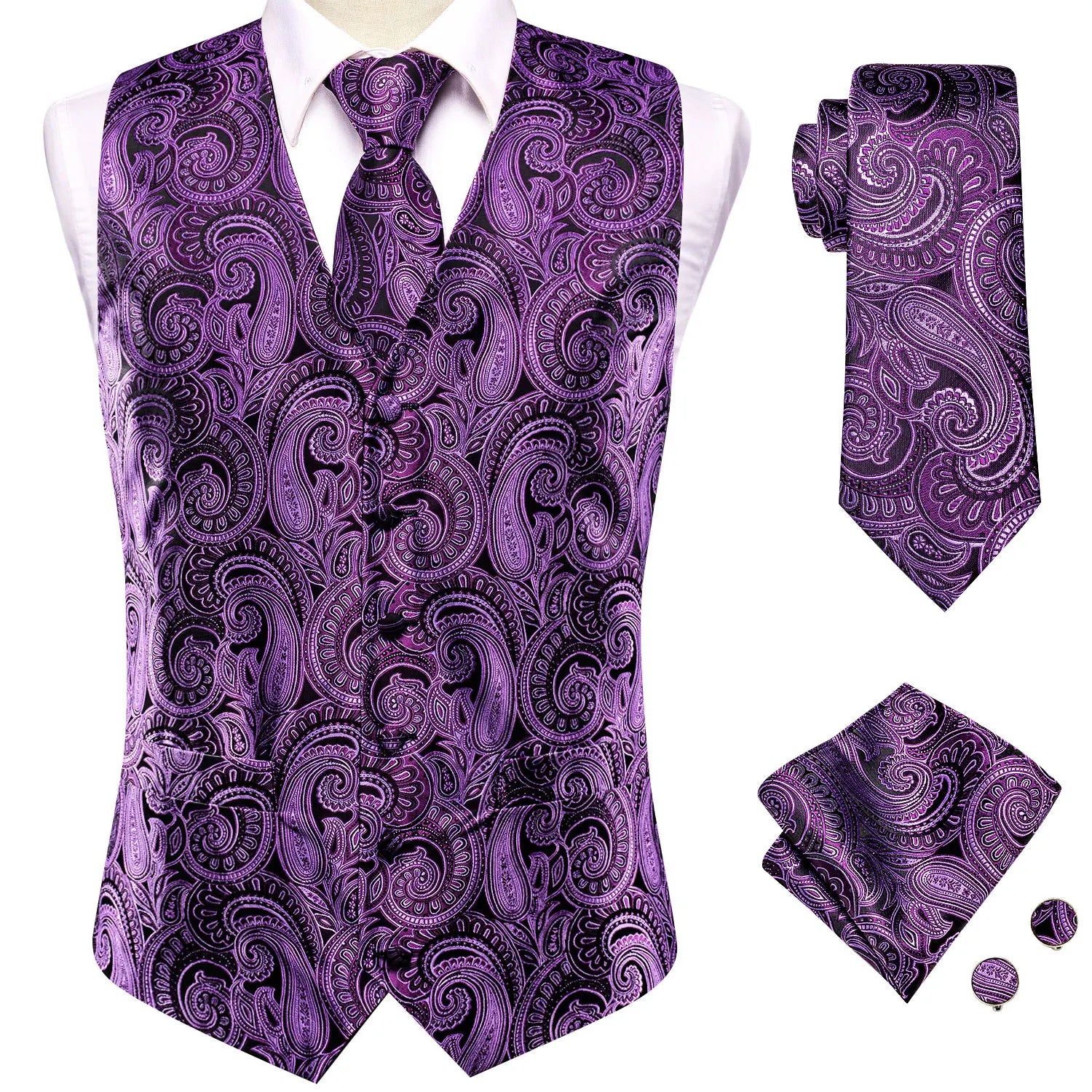 Hi-Tie Brand Silk Mens Vests Grey Black Gold Navy Blue Red Burgundy Jacquard Waistcoat Jacket NeckTie Hanky Cufflinks for Men