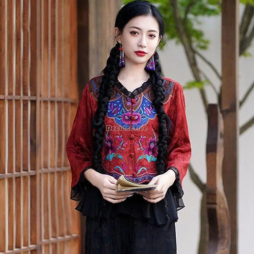 2025 embroidery chinese style summer tang suit top retro ethnic style disc buckle women long sleeve elegant daily blouse s104