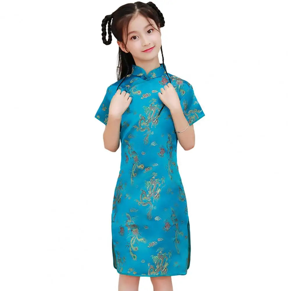 Kids Girls Satin Dress Cheongsams Hanfu Tight Phoenix Print Dress Chinese Traditional Costumes Princess Girls Dress Cheongsams