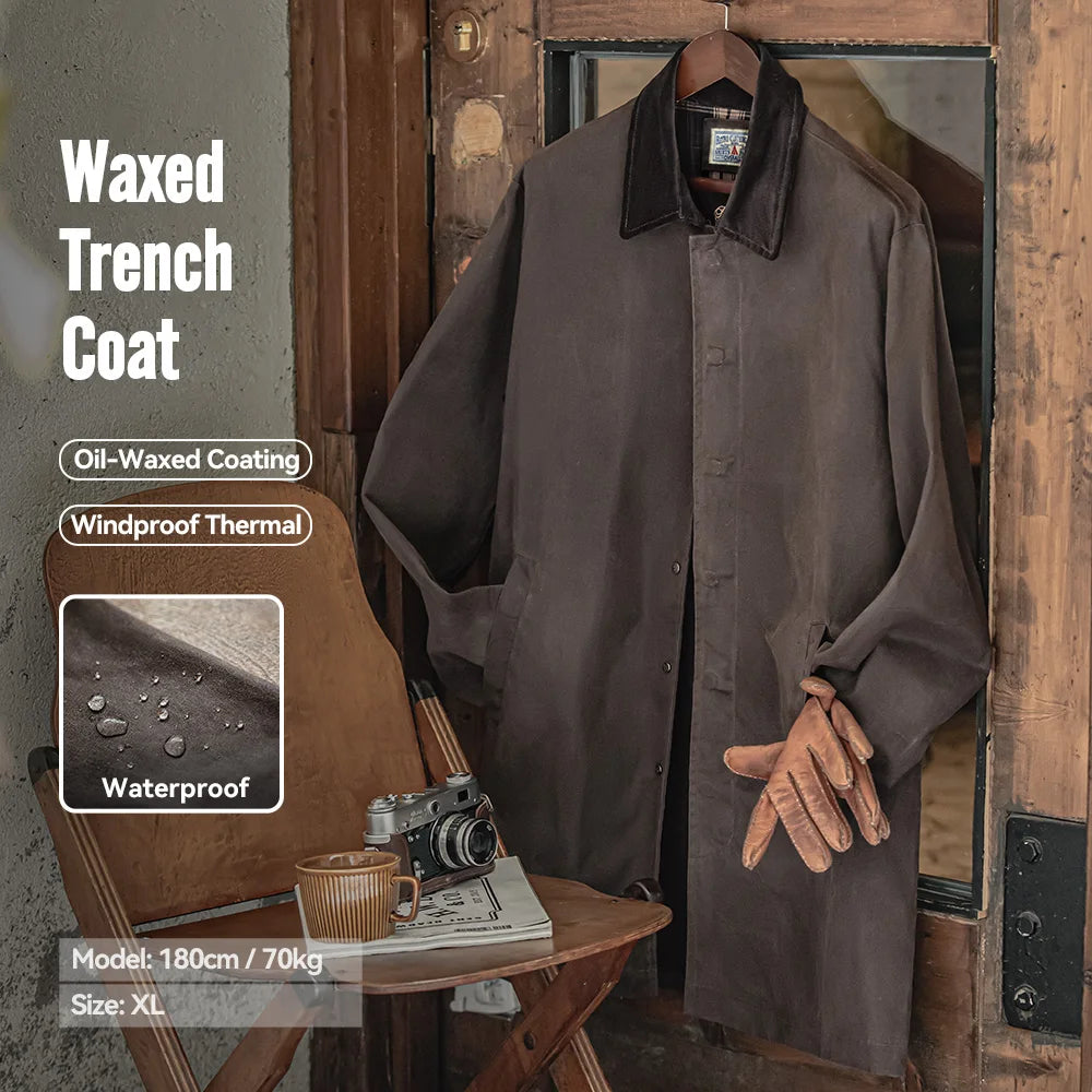 Maden Men's Vintage Waxed Windbreaker Corduroy Turn-down Collar Mid-length Overcoat Windproof and Waterproof Trench Loose Jacket
