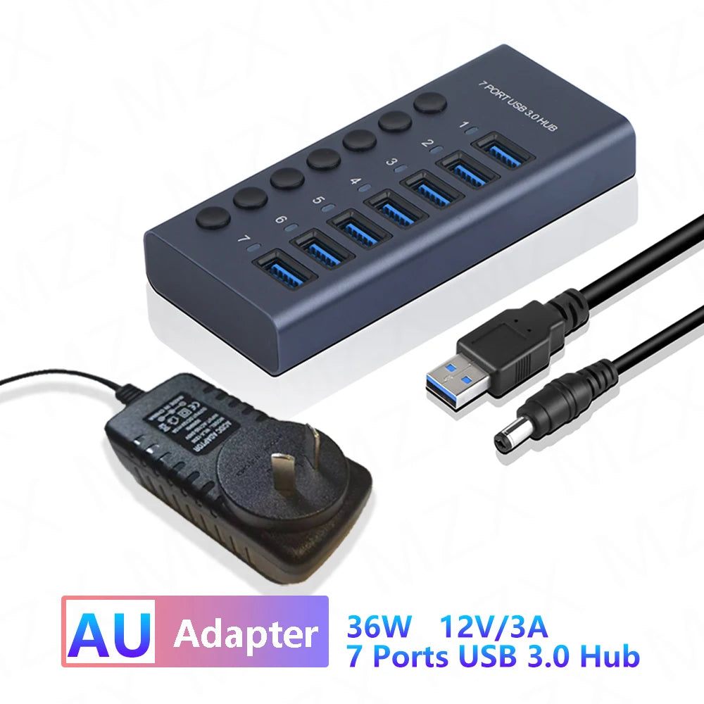 MZX USB 3.0 Hub Aluminum Multi Port Splitter with Power Adapter and Switch