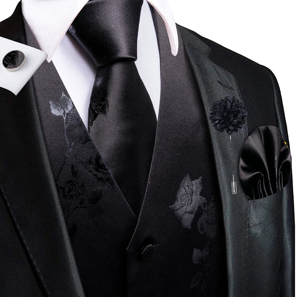 Luxury Gold Black Silk Mens Vests Print Jacquard Waistcoat Tie Hanky Cufflinks Brooch Set for Men Wedding Formal Business Hi-Tie