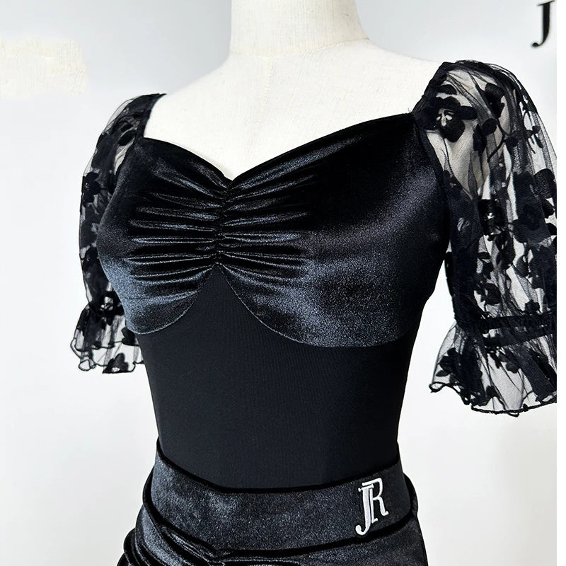 2024 Ballroom Dance Clothes Women Black Lace Mesh Veslvet Tops Skirt Waltz Dance Performance Costume Competition Dresses BL13497