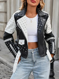 New Spring Autumn Women Street Rivet Black White Faux Leather Jacket Moto Biker Punk Belt Coat Outwear