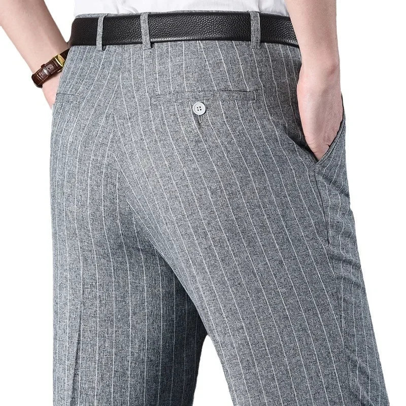 Flat Stretch Suit Pants For Men Striped Thin Summer Straight High Waist Black White Blue Formal Fashion Korea Dress Trousers Men