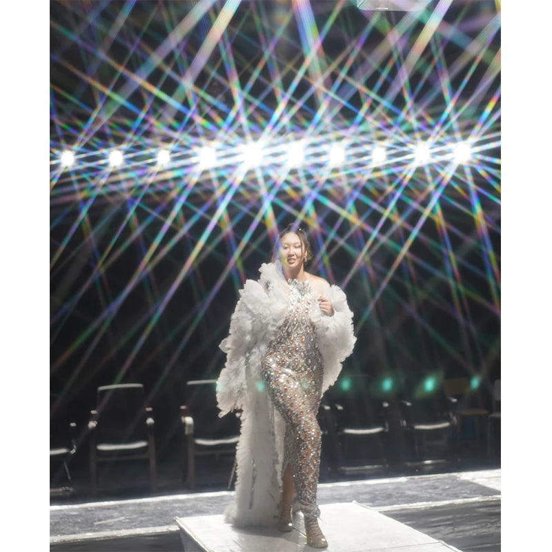 Women Sparkly Silver Sleeveless Rhinestone Birthday Evening Celebrate Dress Mesh Transparent Clubwear Queen Outfit 2025 New Year