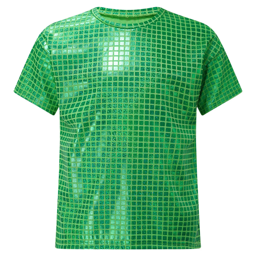 Boys Girls Shiny Plaid Sequins T-shirt Unisex Kids Short Sleeve Shirts Tops Cheerleading Street Dance Choir Stage Performance