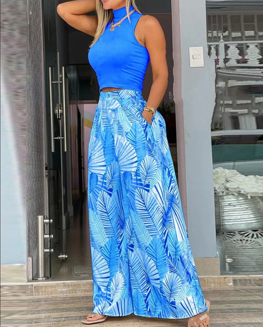 Summer Clothes Women 2024 Women Clothin Print Two-piece Set, Smooth Sleeveless T-shirt, Wide Leg Pants, 2024 Fashion Clothing