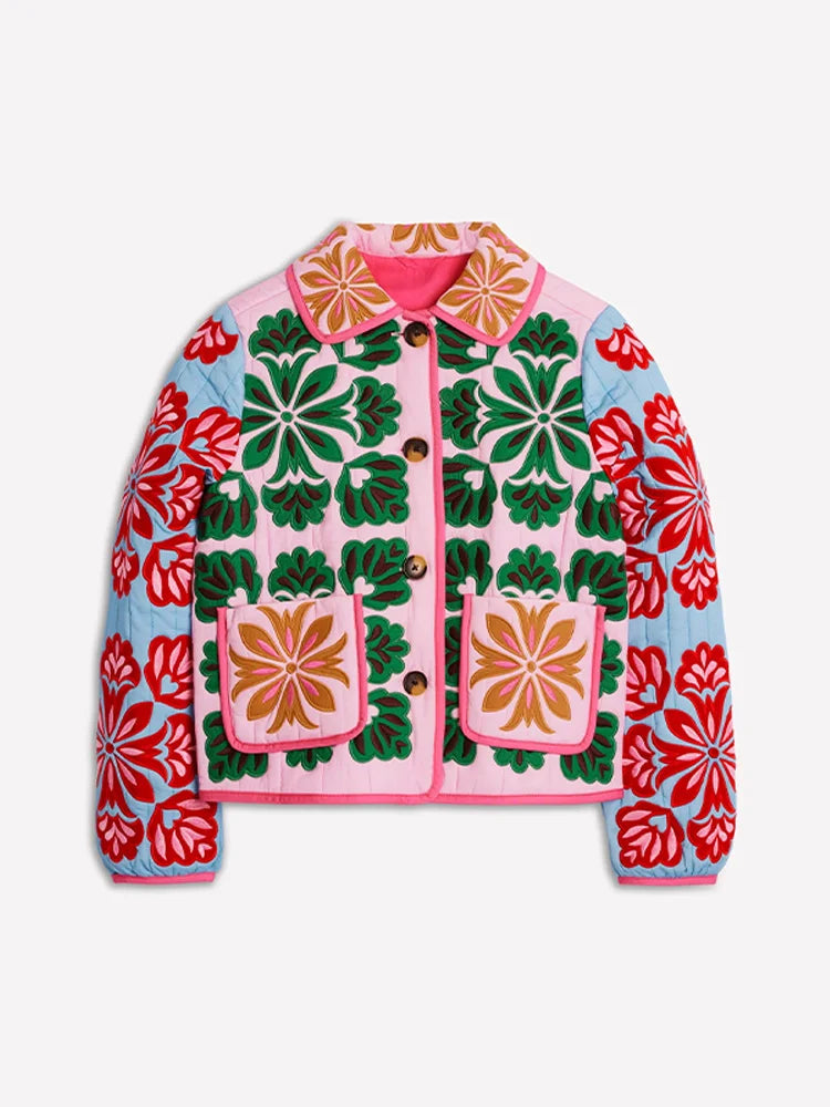Women's Fashion Print Panelled Quilted Cotton Jacket Long Sleeve Pocket Cardigan Coat 2025 Autumn Winter Daily Casual Outerwear