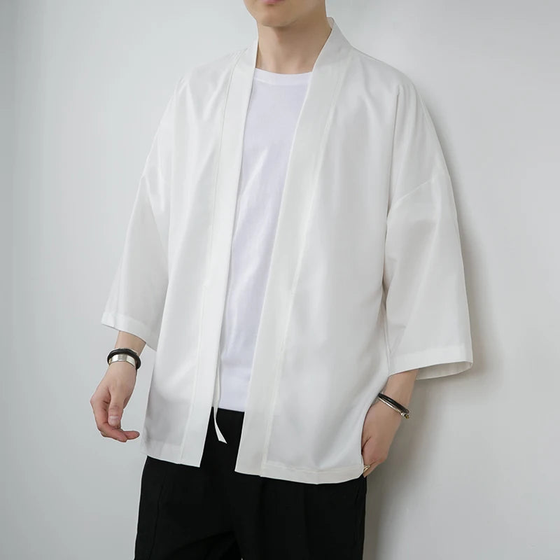 Summer New Men's Lightweight Kimonos Traditional Japanese Clothing Male Open Front Cardigan Cloak Yukata Jacket Coat White