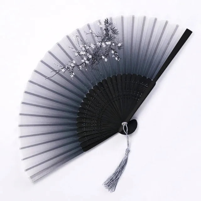 Chinese Bamboo Silk Hand Folding Fan Black