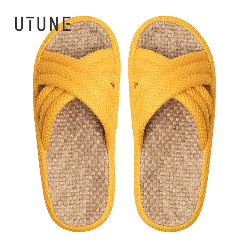 UTUNE Linen Women Slippers Outdoor Summer Mute Light Vacation Travel Comfortable Shoes Anti-slip Flat Thick Sole Home Slides