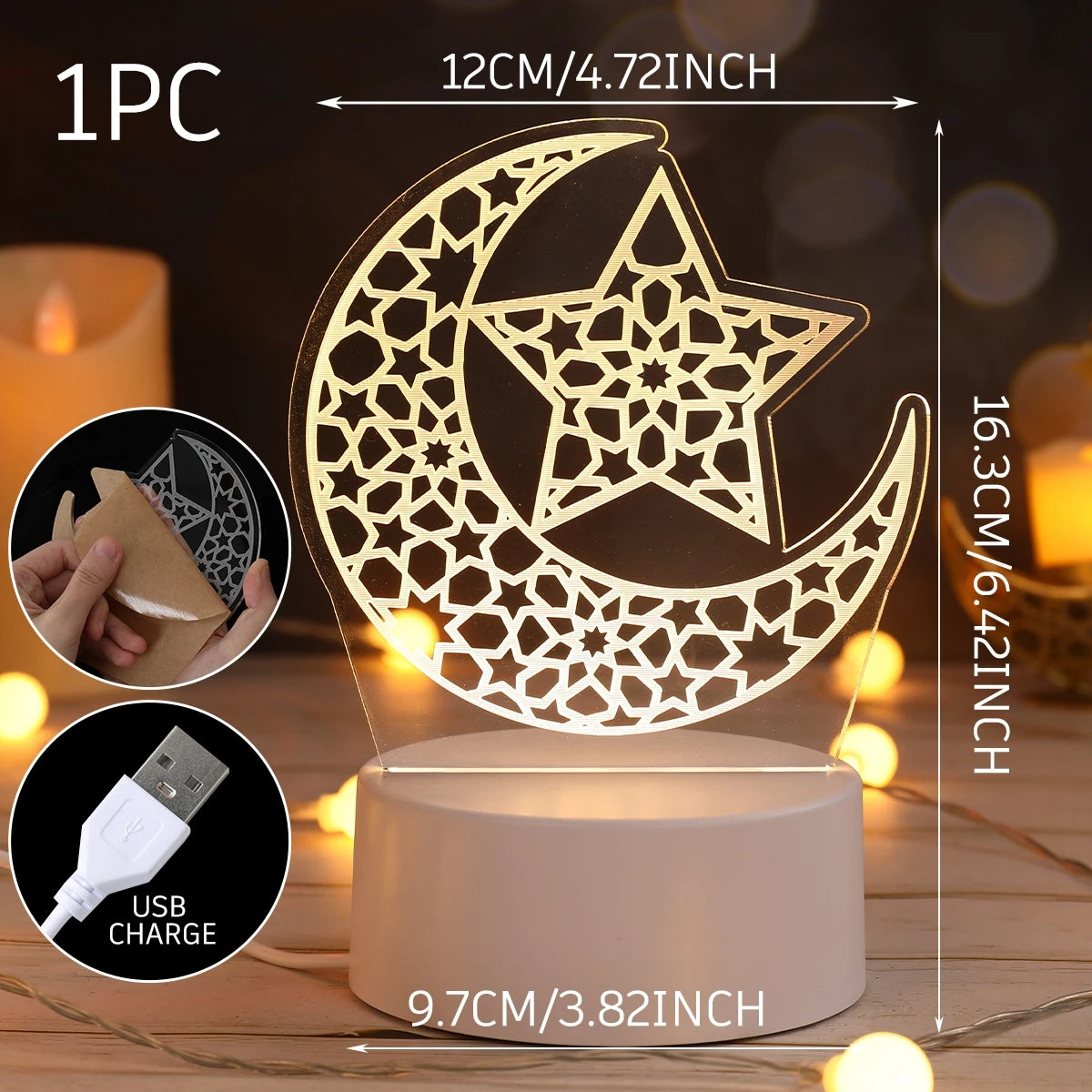 Eid Mubarak 3D LED Lamp Ramadan Night Light 2025