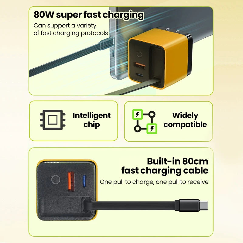 80W Super Fast Charge Type C USB Phone Charger With Telescopic USB C Cable For Iphone 16 15 Samsung Laptop With Light