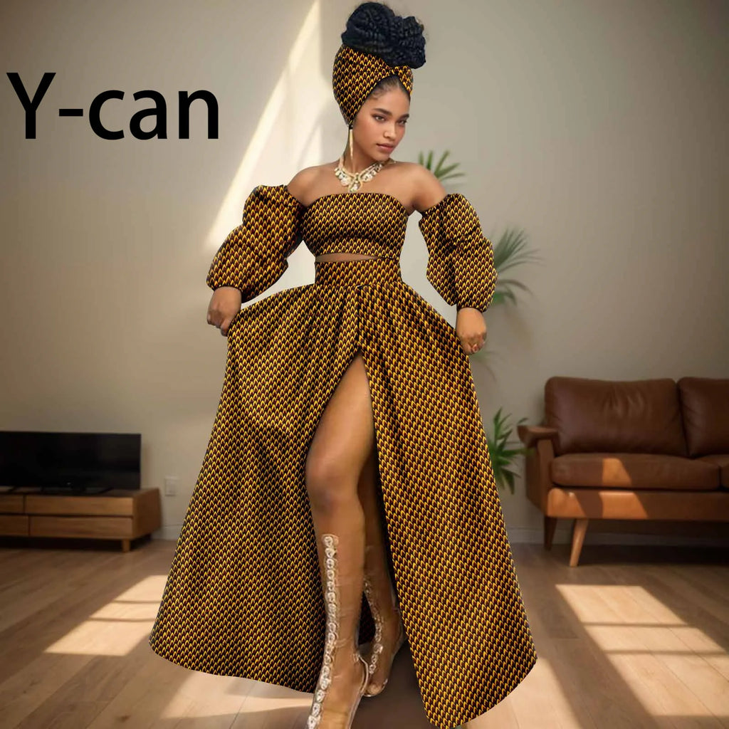African Women Sexy Sets Two Pieces 2024 Ankara Print Tube Top High Slit Skirt Free Headscarf Female Outfits Women Dress 2426016
