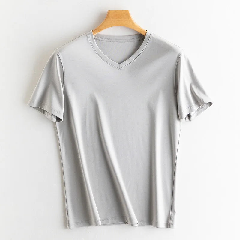 Birdtree 7% Silk 62% Cotton Short Sleeve T-Shirt Men Thin Loose Breathable Basic Solid Cultural T-Shirt 2024 Summer T41479QC