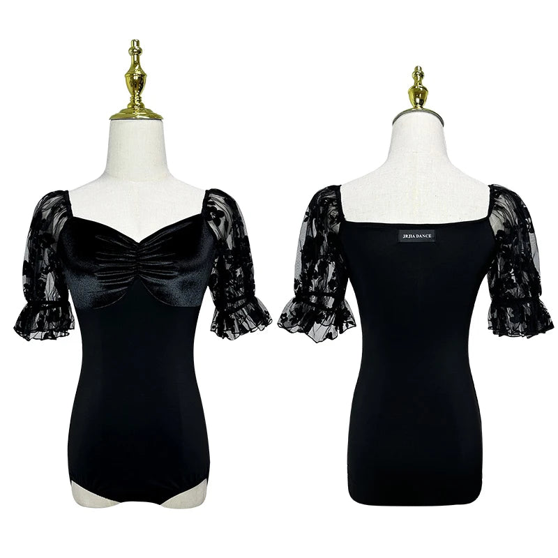 2024 Ballroom Dance Clothes Women Black Lace Mesh Veslvet Tops Skirt Waltz Dance Performance Costume Competition Dresses BL13497