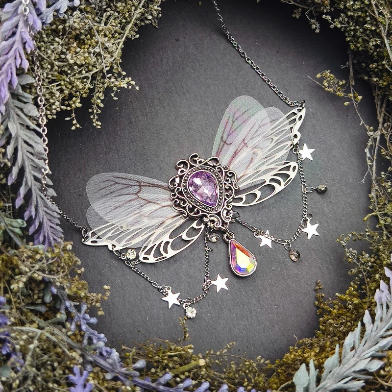 Witch Fairycore Butterfly Crystal Tassels Pendant Necklace Woodland Fairies Forest Pixie Goddess Necklace for women