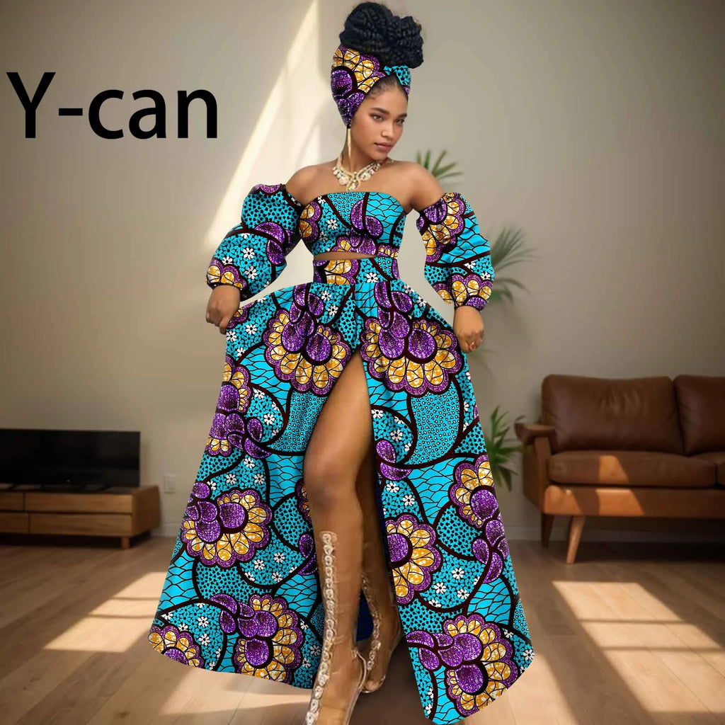 African Women Sexy Sets Two Pieces 2024 Ankara Print Tube Top High Slit Skirt Free Headscarf Female Outfits Women Dress 2426016