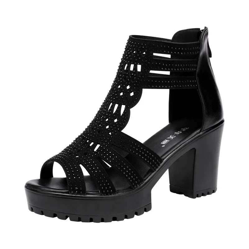 6cm 8cm Small Size 32-43 Rhinestone Wedding Shoes Summer Platform Sandals 2025 Block High Heels Gladiator Sandals Office Model
