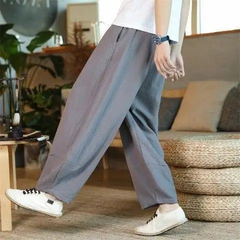 Fashion Summer Casual Pants For Mens Cotton Linen Loose Trousers Trendy Large Size Bloomers Male Home Tai Chi Wide Leg Pants 5XL