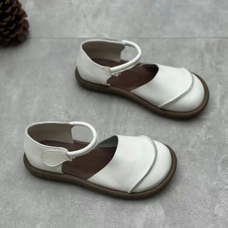 Johnature Retro Handmade Genuine Leather Flats Sandals 2025 Summer New Casual Versatile Comfortable Soft Sole Women's Shoes