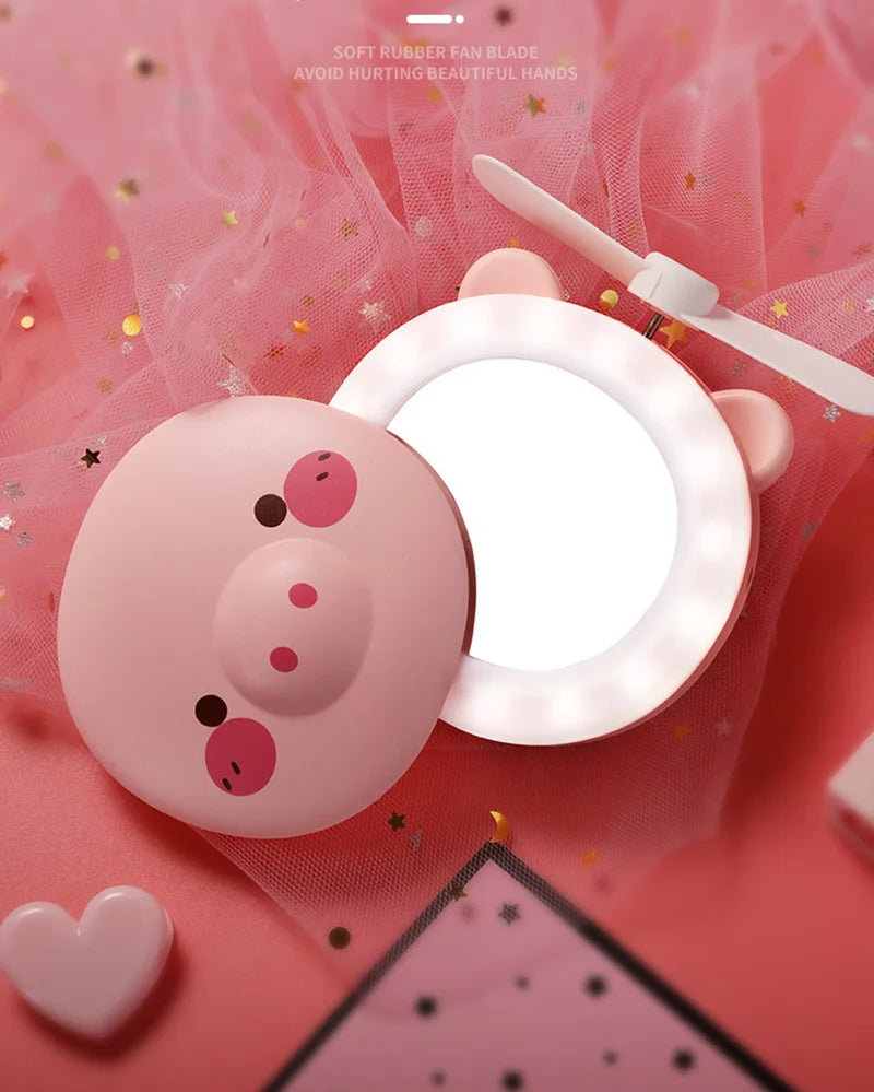 Cute Piggy Makeup Mirror Handheld Mini Fan With Led Light Cosmetics Mirror With Small Fan Girls Travle Portable Fan