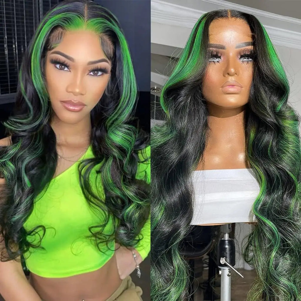 Highlight Green With Black Wig Synthetic Lace Frontal Wig Pre Plucked With Baby Hair 180% Density Fiber 13X4 Lace Front Wigs