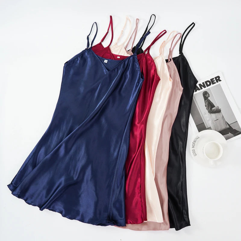 WSFSLJWDW Sexy Pajamas Women's Faux Silk Suspender Nightdress Ladies Spring and Summer Ice Silk Thin Halter Home Night Dresses